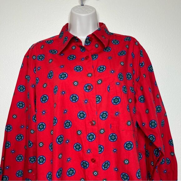 Vintage Essential Elements Red Geometric Button Front Long Sleeve Shirt Women 16 - Picture 3 of 12